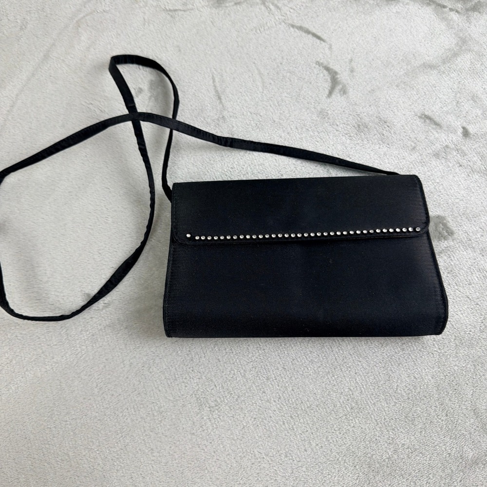 Jacqueline Ferrar VTG Black Satin Rhinestone Trim Evening Clutch Crossbody Bag